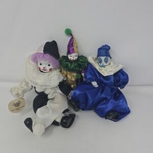 Set of 3 Vintage Porcelain Clown Dolls with Colorful Costumes